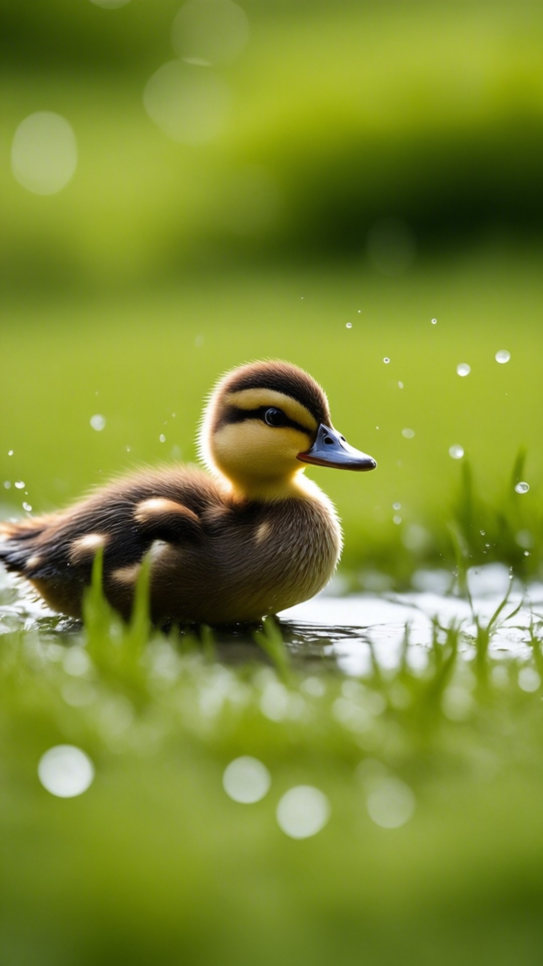 Splashy Duckling Play 壁紙 — 一隻毛茸茸的棕色和黃色小鴨站在淺水中，周圍是充滿活力的綠色草地，空氣中有閃閃發光的水滴。