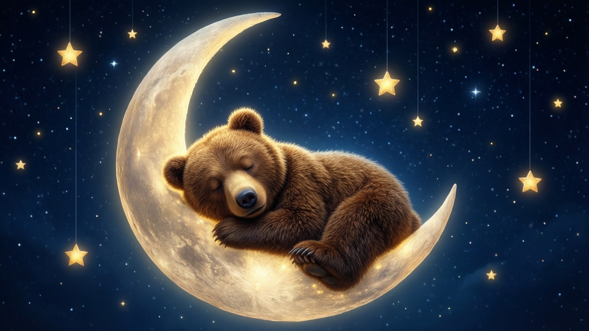 Bedtime Bear on the Moon 壁紙 — 一隻毛茸茸的棕色熊在閃爍的彎月上安詳地蜷縮入睡，周圍懸掛著金色的星星，背景是深藍色的夜空。