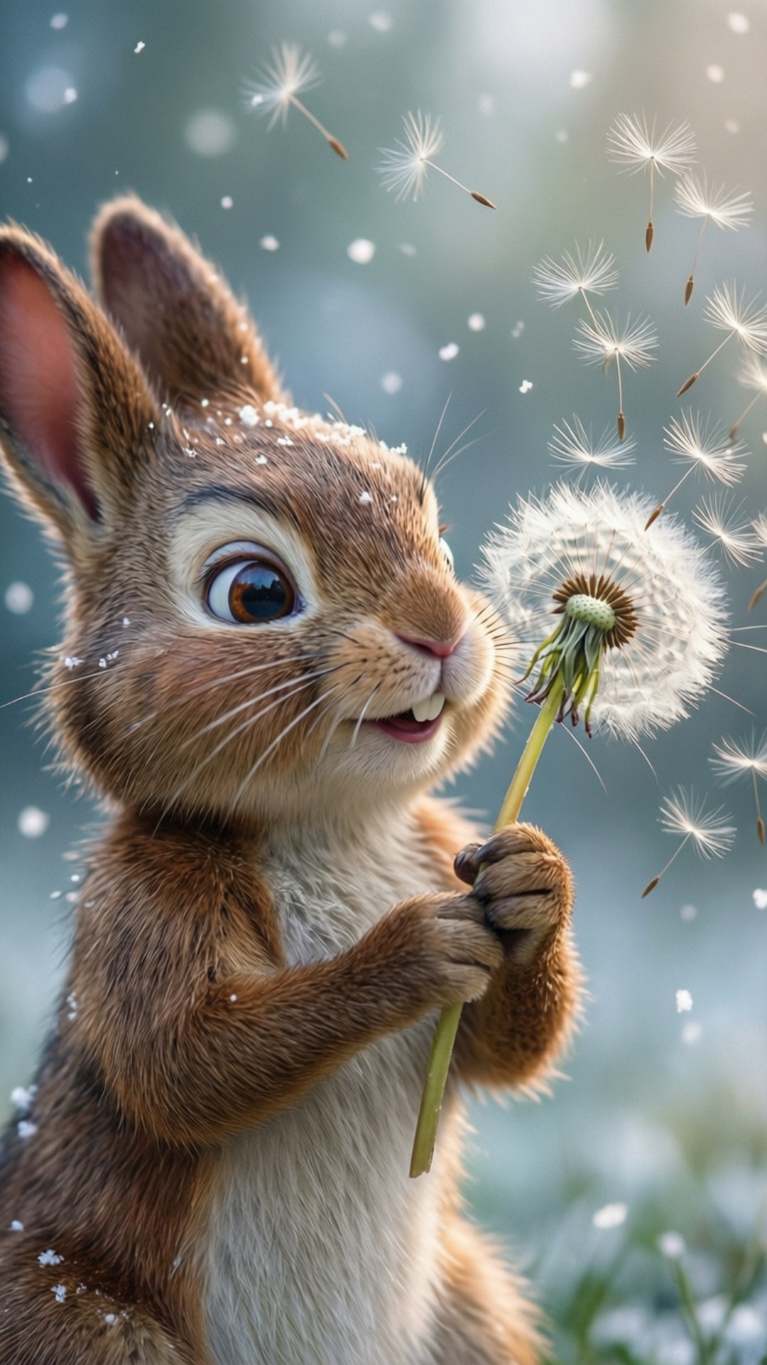 Blowing Dandelion Seeds 壁紙 — 一隻毛茸茸的棕色兔子，大眼睛，拿著一朵蒲公英，種子在柔和的藍色薄霧中飄散。