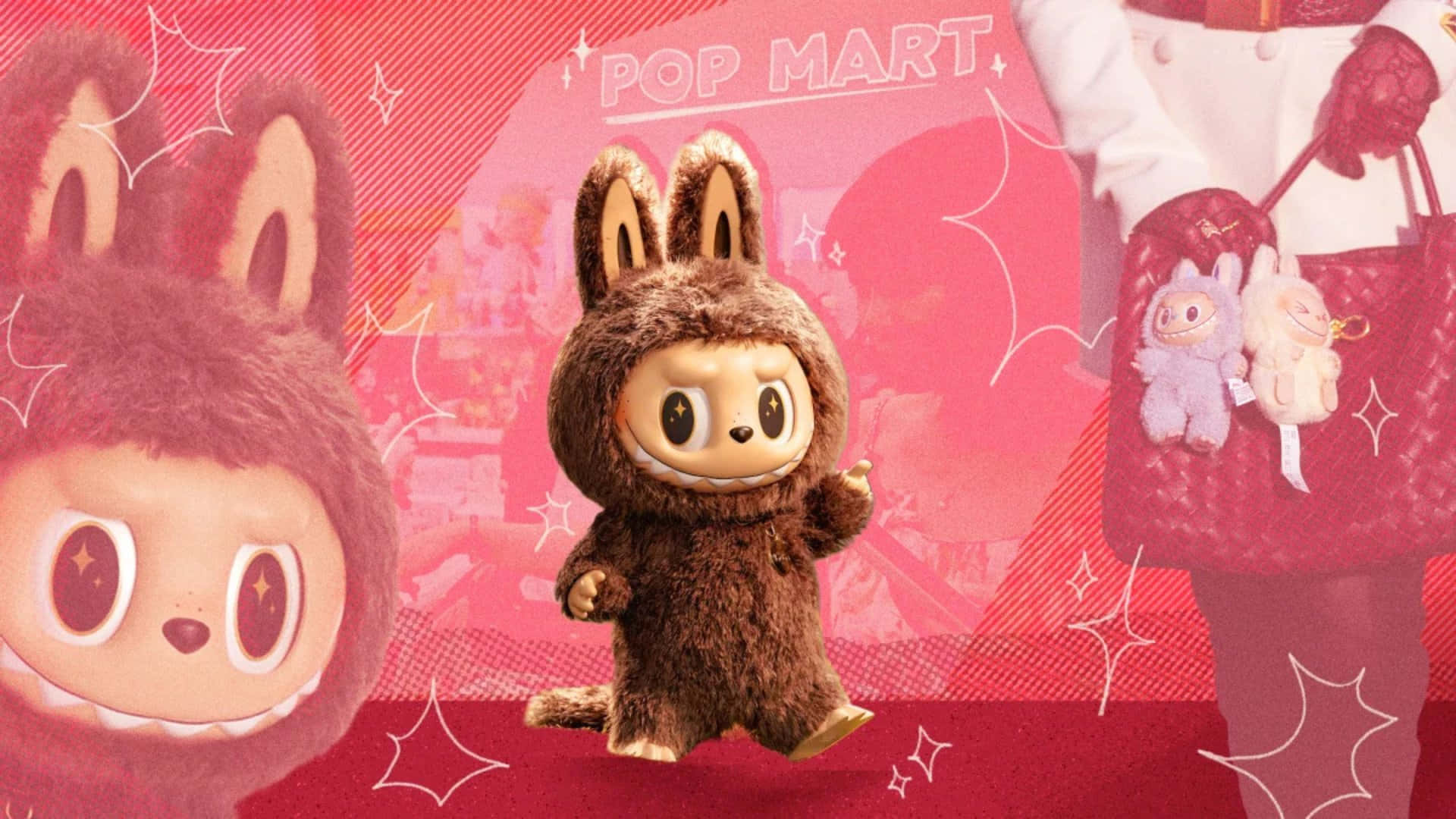  壁紙 — 一隻毛茸茸的棕色兔子毛絨玩具，大眼睛，站在充滿星星和POP MART品牌的鮮豔粉紅色背景中央。
