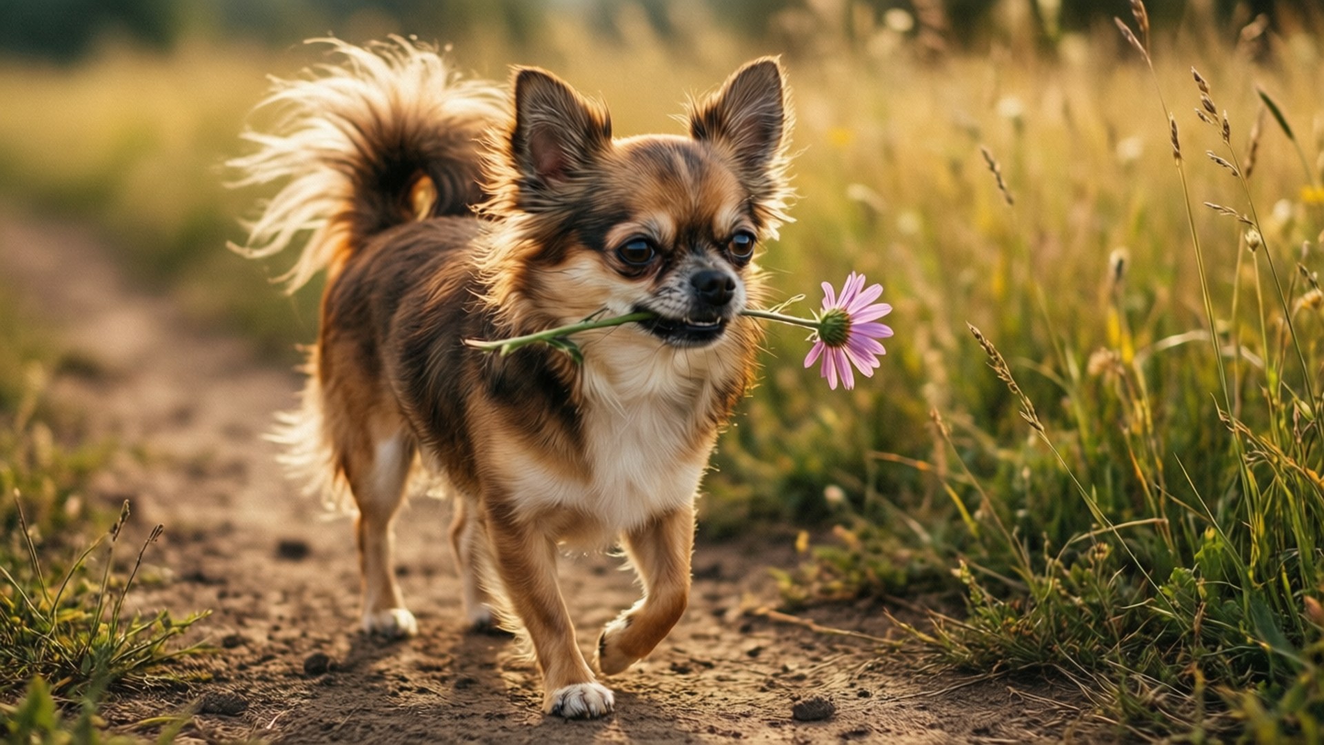 Chihuahua with Flower 壁紙 — 一隻毛茸茸的棕色吉娃娃沿著泥土路奔跑，嘴裡叼著一朵紫色的花，穿過金色的草地。