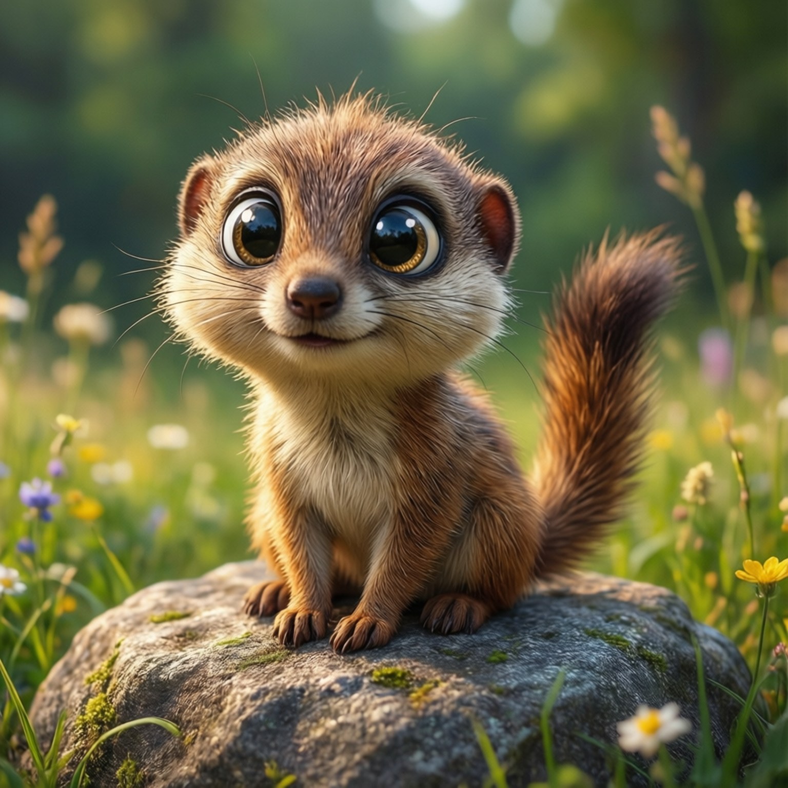 Cute Snarf Portrait 壁紙 — 一隻毛茸茸的棕色狐獴，有著大大的、富有表情的眼睛，坐在長滿苔蘚的石頭上，周圍是陽光普照的草地上盛開的野花。