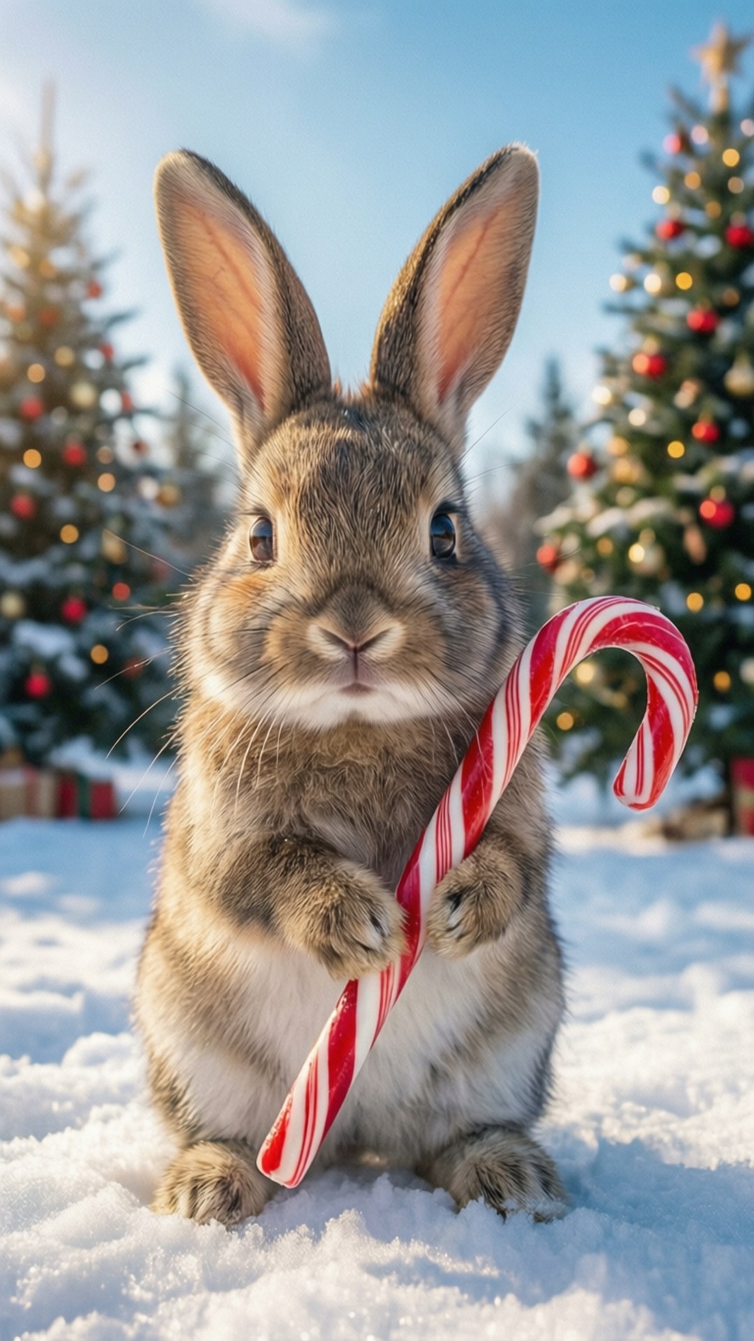 Bunny with Candy Cane 壁紙 — 一隻毛茸茸的棕色兔子坐在雪地上，拿著紅白條紋的拐杖糖，背景有裝飾好的聖誕樹。
