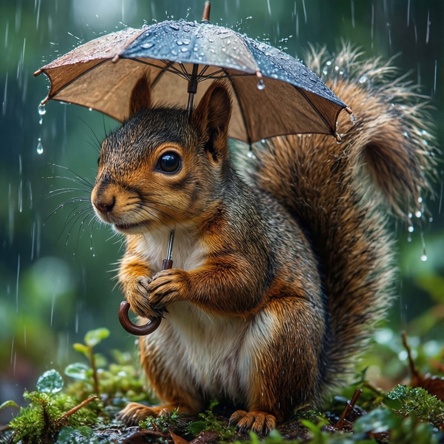Rainy Day Parade 壁紙 — 一隻毛茸茸的棕色松鼠拿著一把小傘，雨滴落在周圍茂密的綠色森林中。