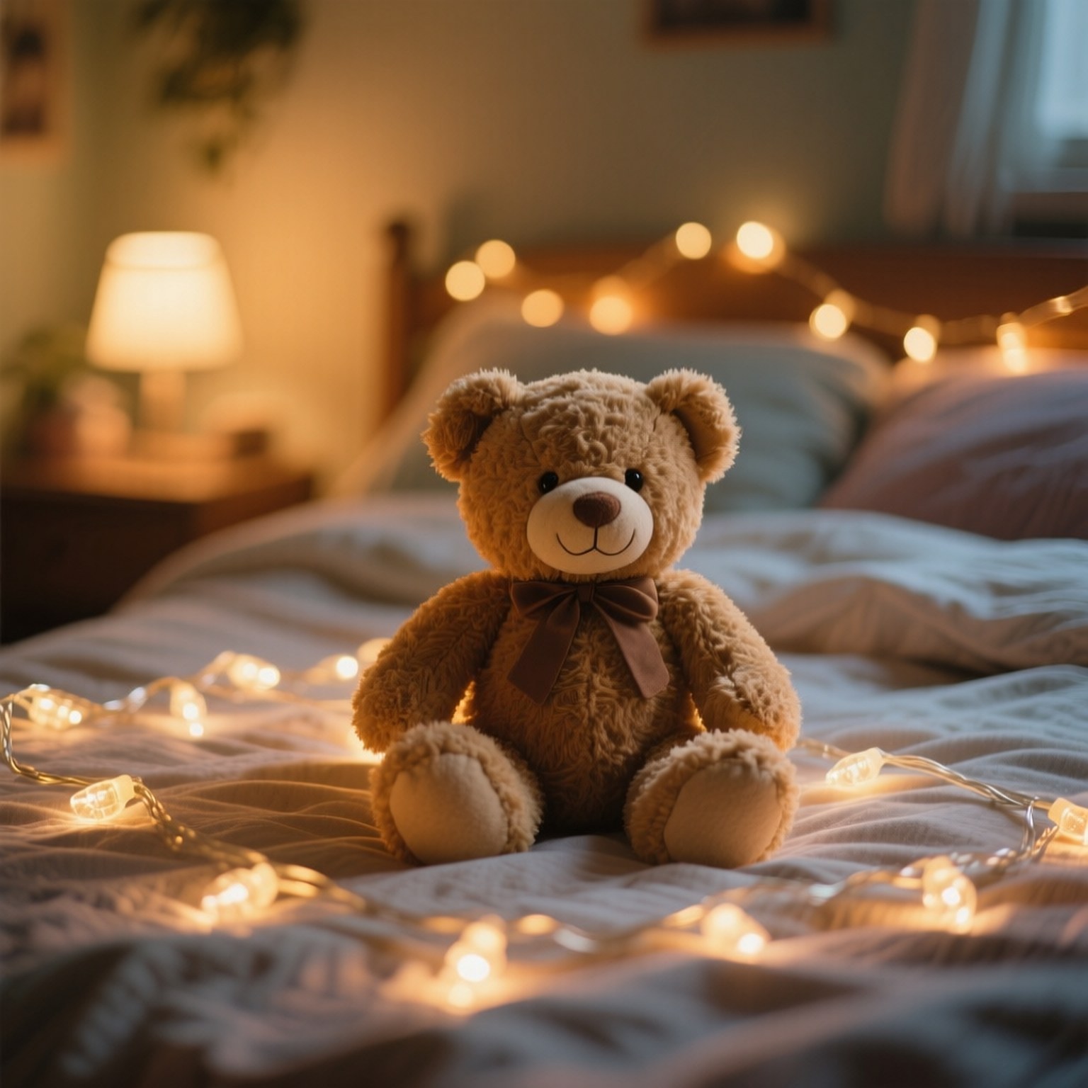 Cozy Teddy Bear 壁紙 — 一隻毛茸茸的棕色泰迪熊繫著蝴蝶結，坐在床上，周圍環繞著發光的串燈，在舒適的臥室裡。