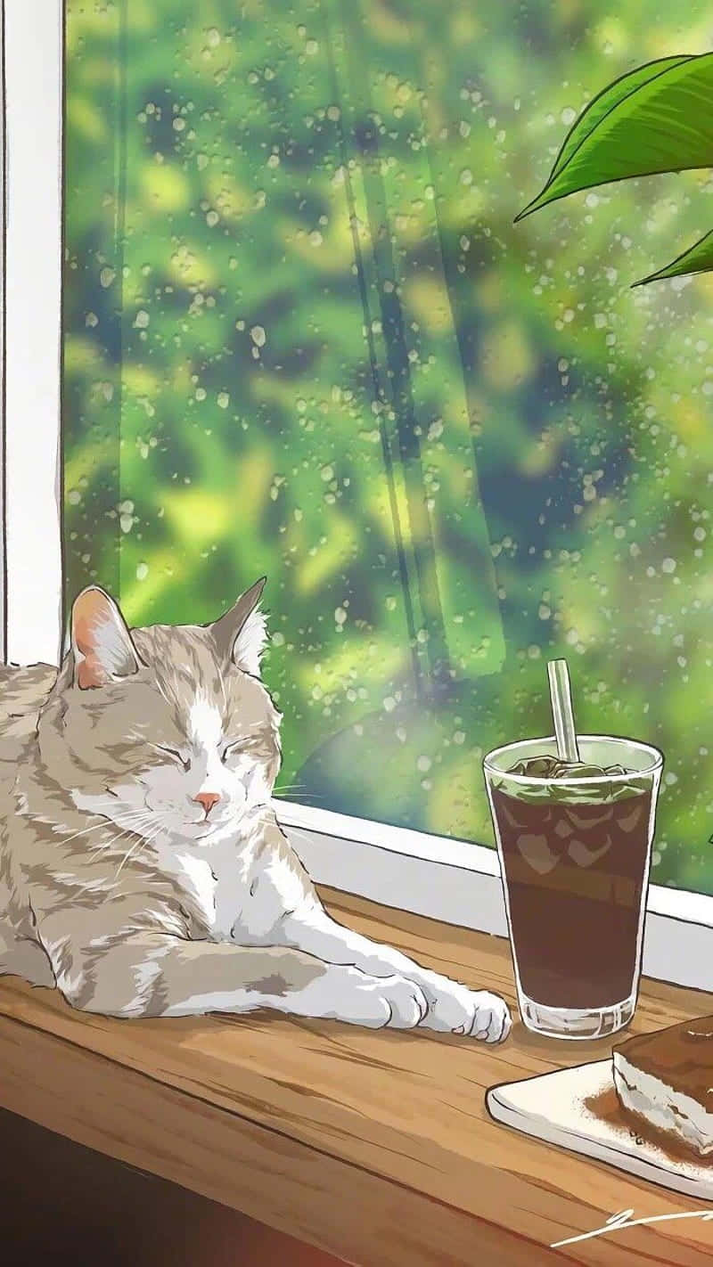  壁紙 — 一隻毛茸茸的貓在木窗台上，在一杯冰咖啡和一塊蛋糕旁邊平靜地睡覺，雨滴在窗戶上劃過。