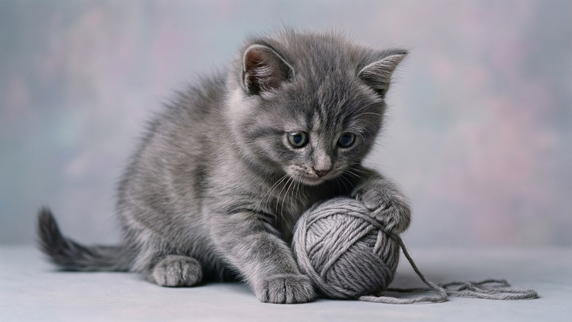 Playful Grey Kitten 壁紙 — 一隻毛茸茸的灰色小貓，有著明亮的藍色眼睛，輕輕地抱著一個灰色毛線球，背景是柔和的粉彩色。