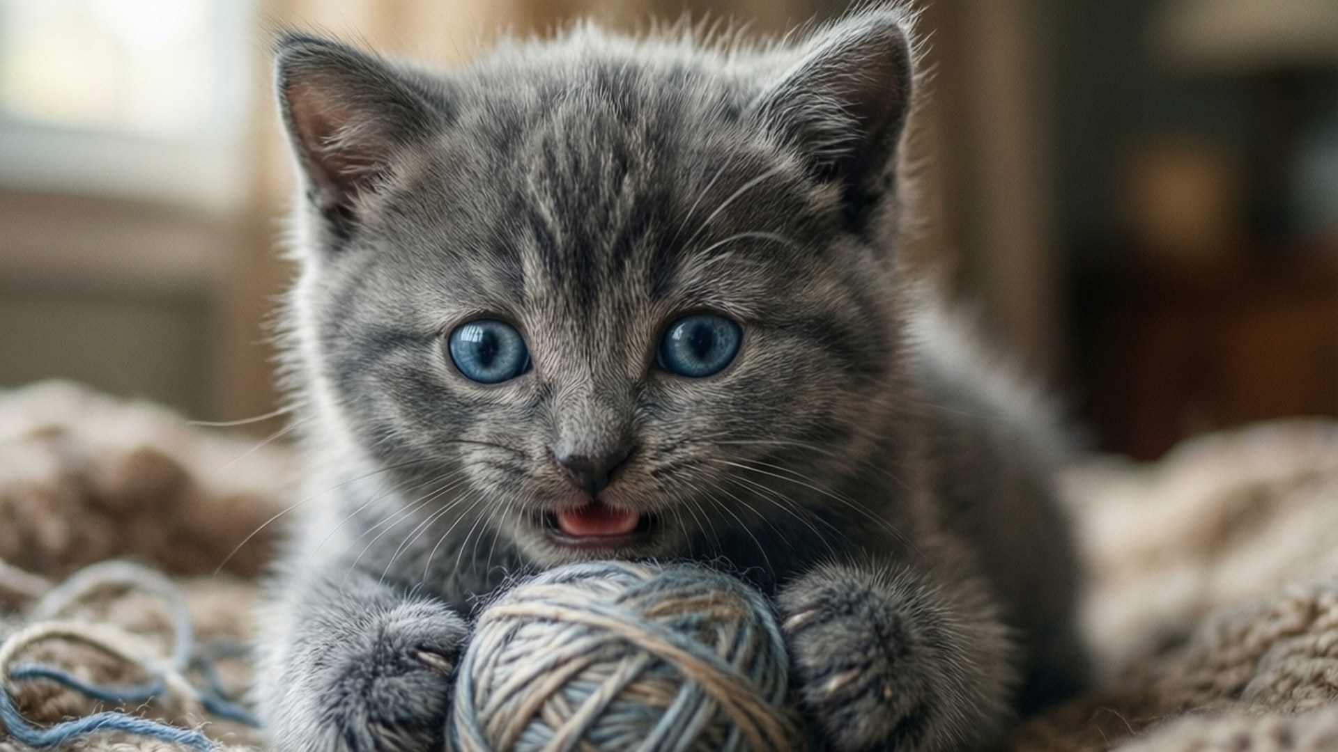 Cute Gray Kitten Play 壁紙 — 一隻毛茸茸的灰色虎斑小貓，有著明亮的藍眼睛，在柔軟的米色地毯上頑皮地抓著一個毛線球。