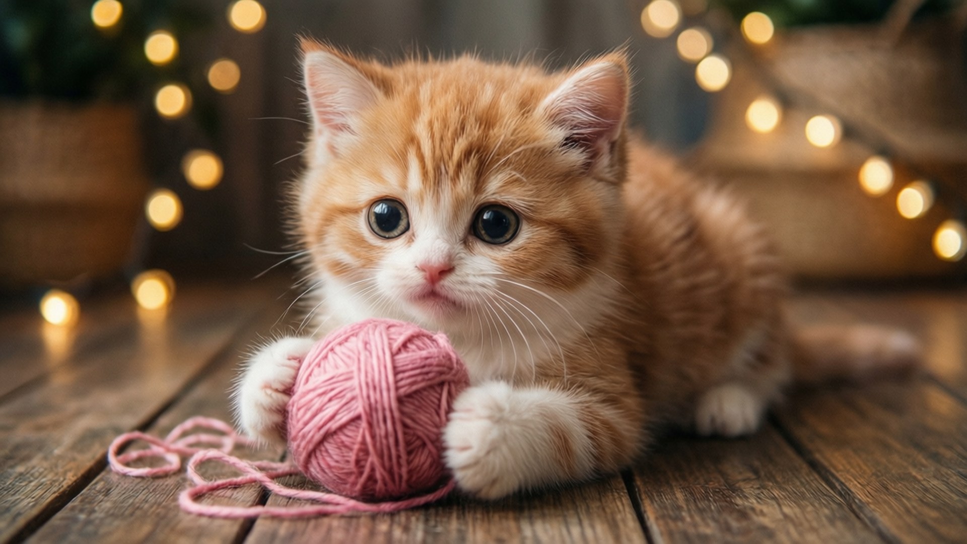 Cozy Kitten Yarn 壁紙 — 一隻毛茸茸的橙色和白色小貓躺在木地板上，抱著一個粉紅色的毛線球，背景中溫暖的仙女燈柔和地閃爍。