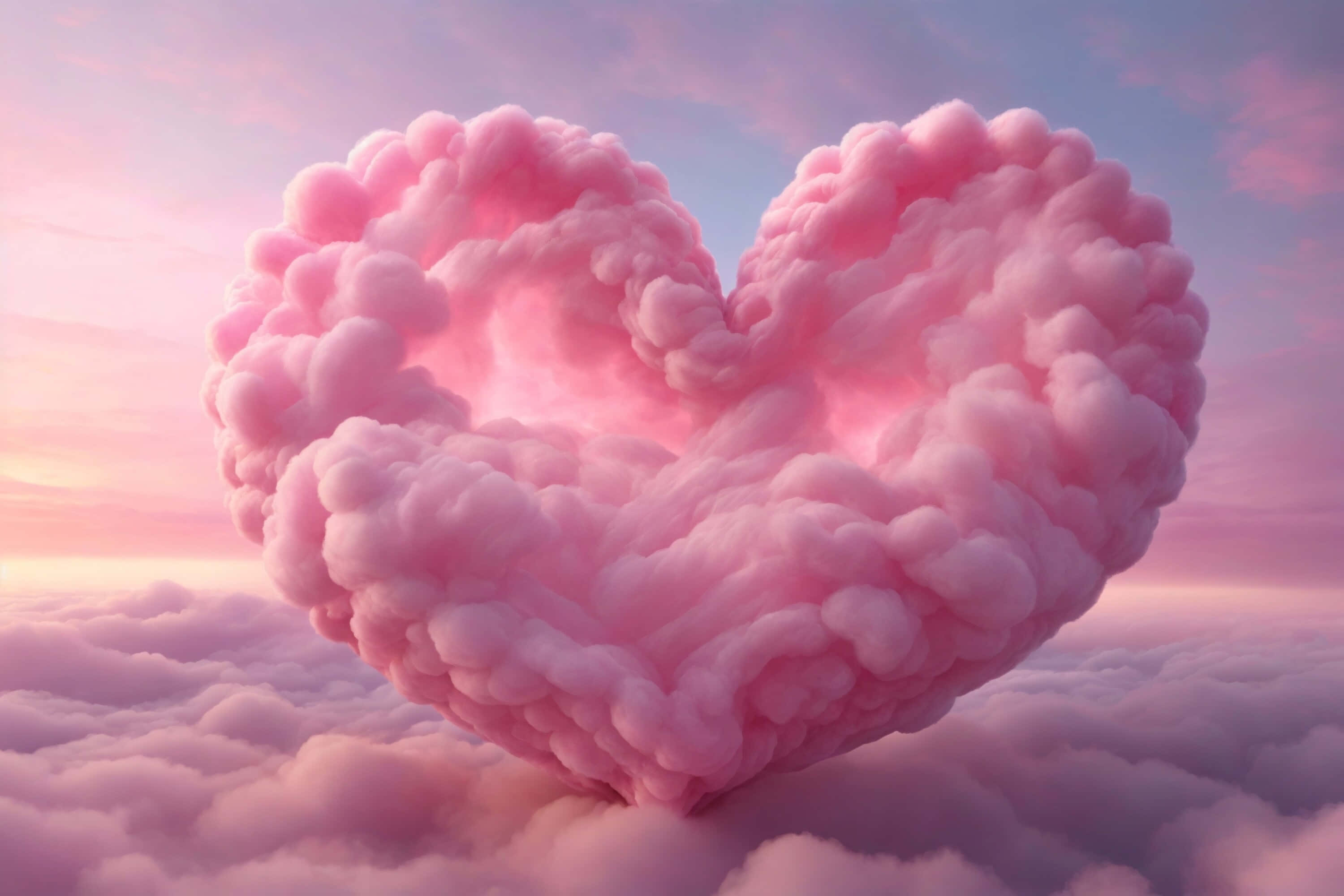 I Love God 桌布 壁紙 — 一朵蓬鬆的粉紅色心形雲彩在日落時分寧靜地漂浮在雲海之上。