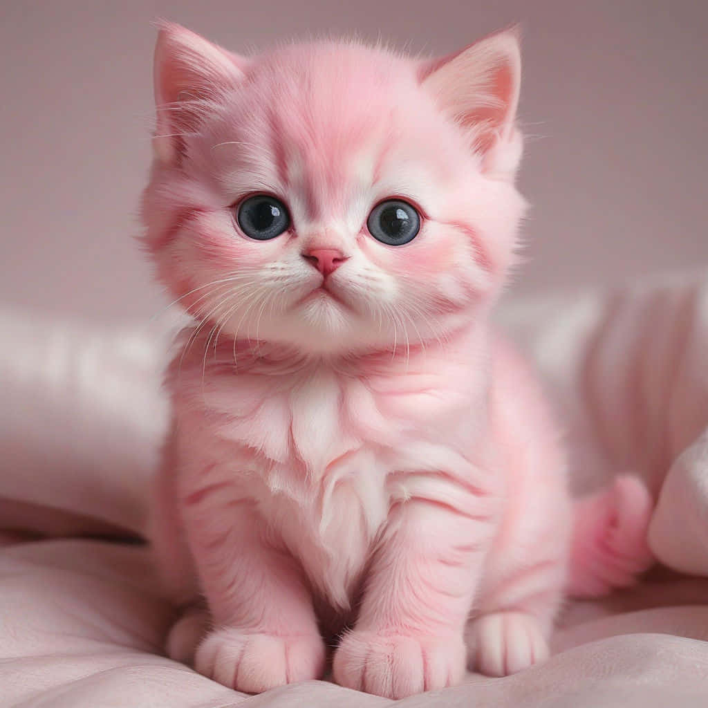  壁紙 — 一隻毛茸茸的粉紅色小貓，有著大大的藍色眼睛，可愛地坐在柔軟的粉紅色毯子上。