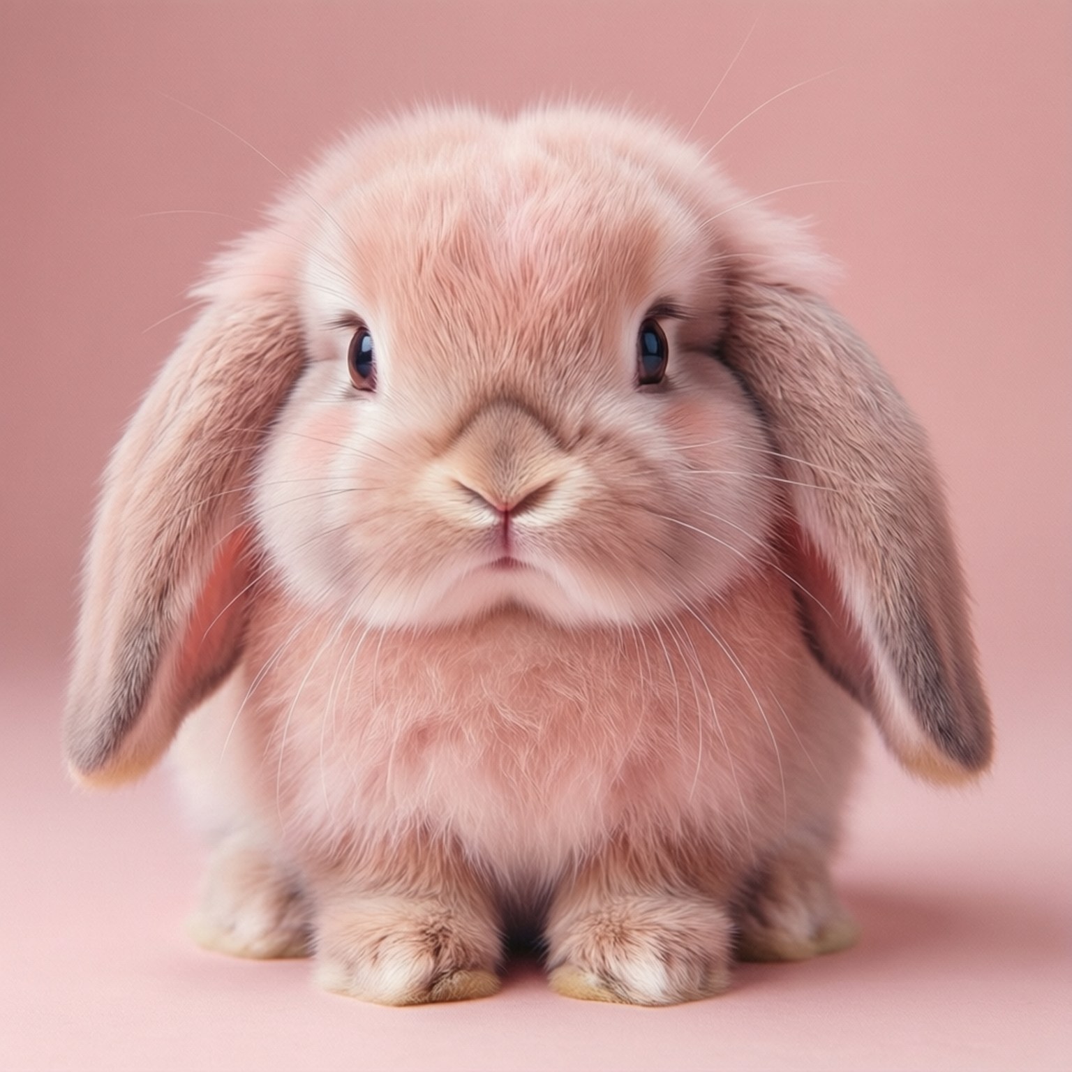 Pastel Pink Bunny Kawaii 壁紙 — 一隻毛茸茸的粉紅色垂耳兔，在柔和的粉紅色背景前坐直，睜著一雙充滿好奇的大眼睛。