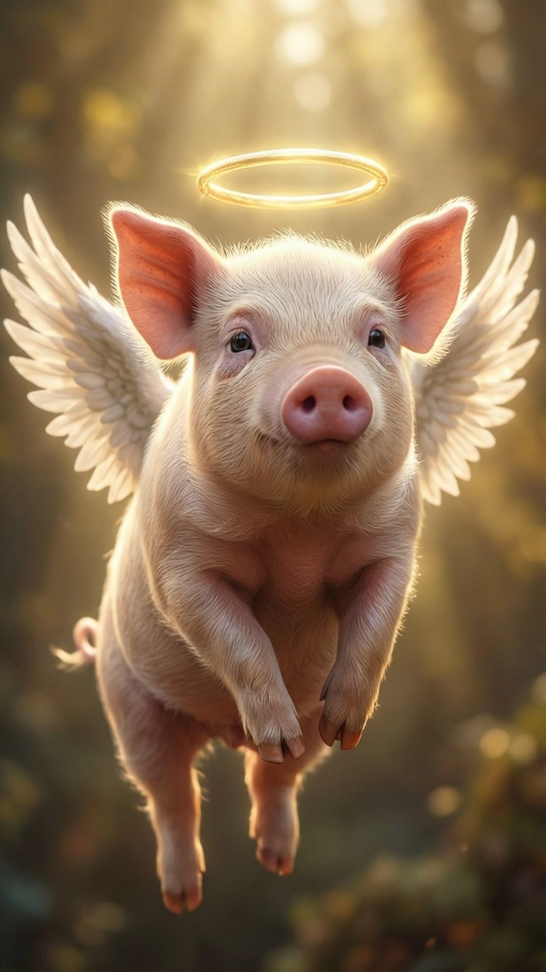 Angel Pig 壁紙 — 一隻毛茸茸的粉紅色小豬，長著天使翅膀和金色光環，在溫暖的陽光中輕輕漂浮。