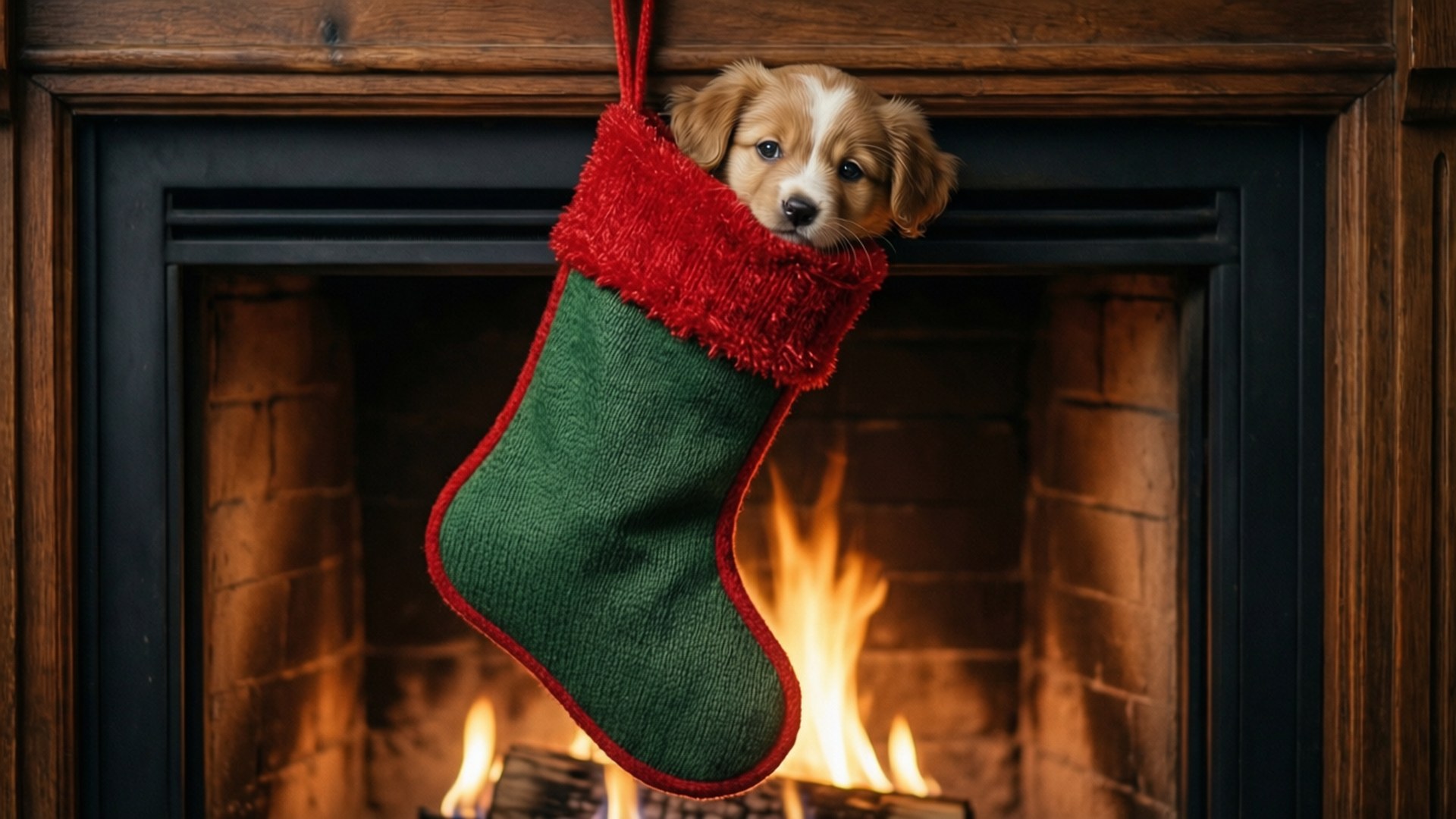 Puppy in Stocking 壁紙 — 一隻毛茸茸的小狗從掛在溫暖噼啪作響的壁爐上方的綠色和紅色聖誕襪中探出頭來。