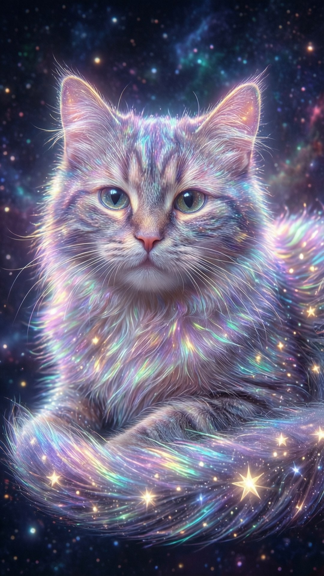 Holographic Cosmic Cat 壁紙 — 一隻毛茸茸的虎斑貓，擁有發光的毛髮和星星般的眼睛，寧靜地坐在充滿閃爍星星和旋轉星系的宇宙星雲背景前。