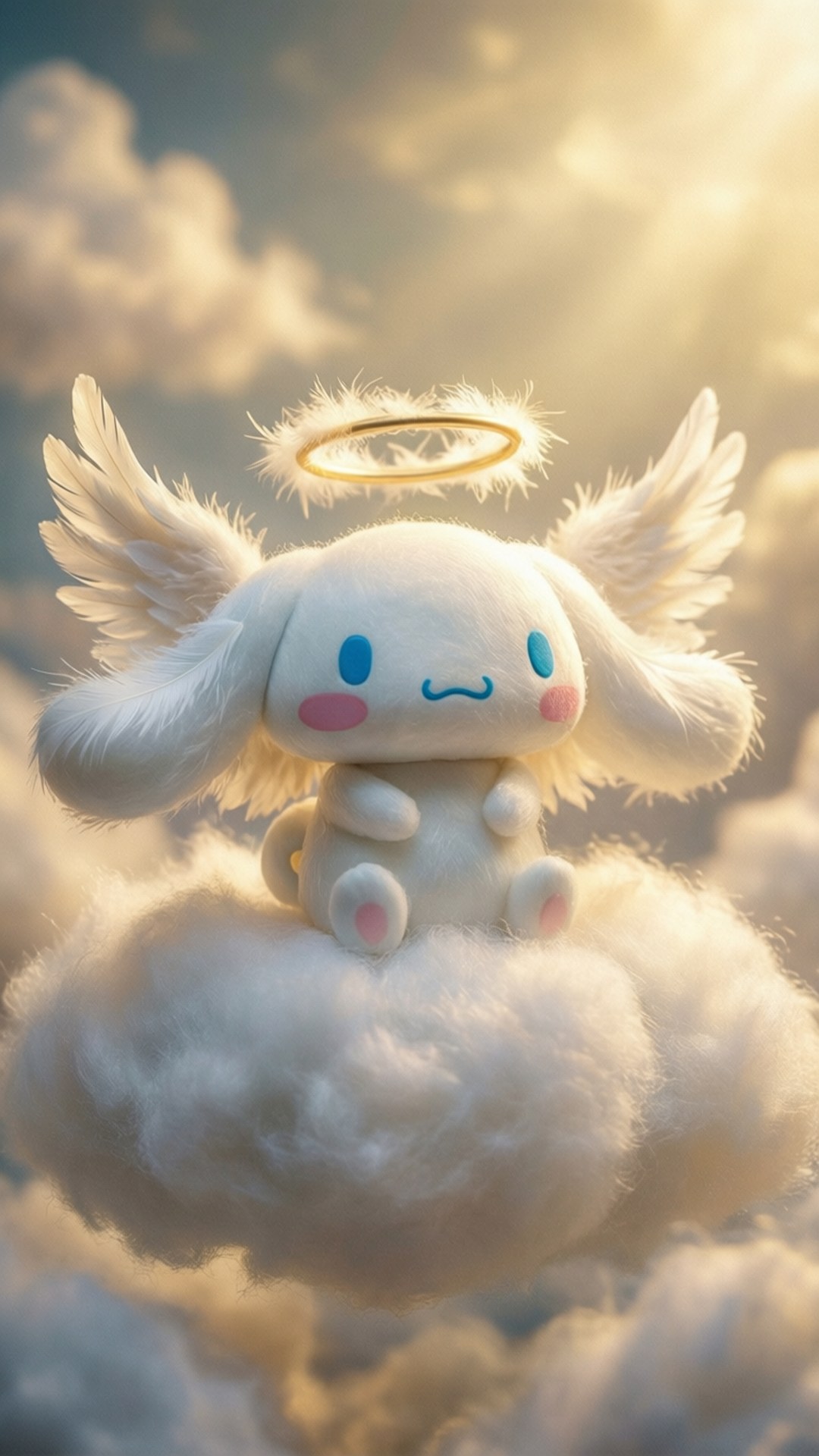 Angel Cinnamoroll 壁紙 — 一隻毛茸茸的白兔天使，有翅膀和光環，寧靜地坐在沐浴在金色陽光中的雲朵上。