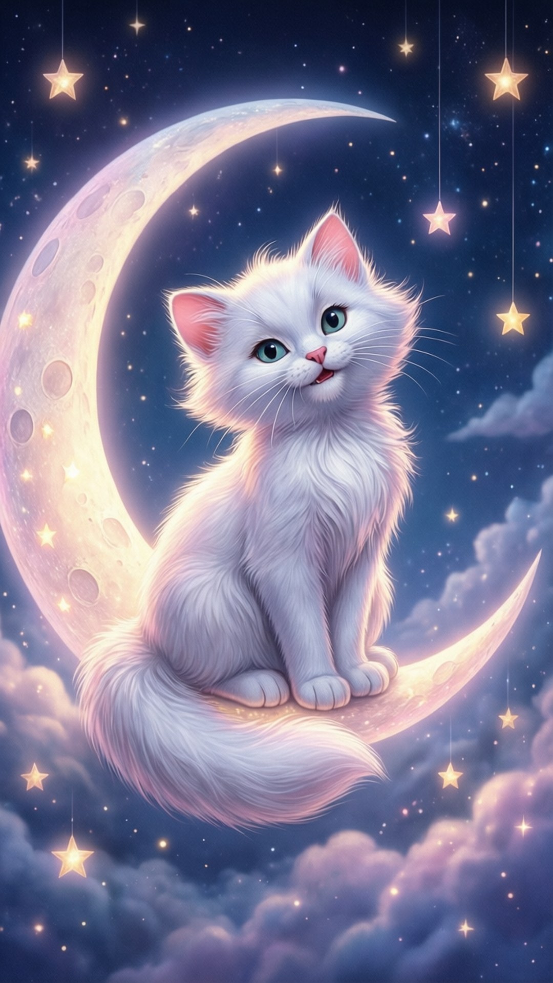 Dreamy Marie on Crescent Moon 壁紙 — 一隻毛茸茸的白色小貓，有著綠色眼睛，寧靜地坐在發光的彎月上，周圍環繞著閃爍的星星和柔軟的紫色雲朵。