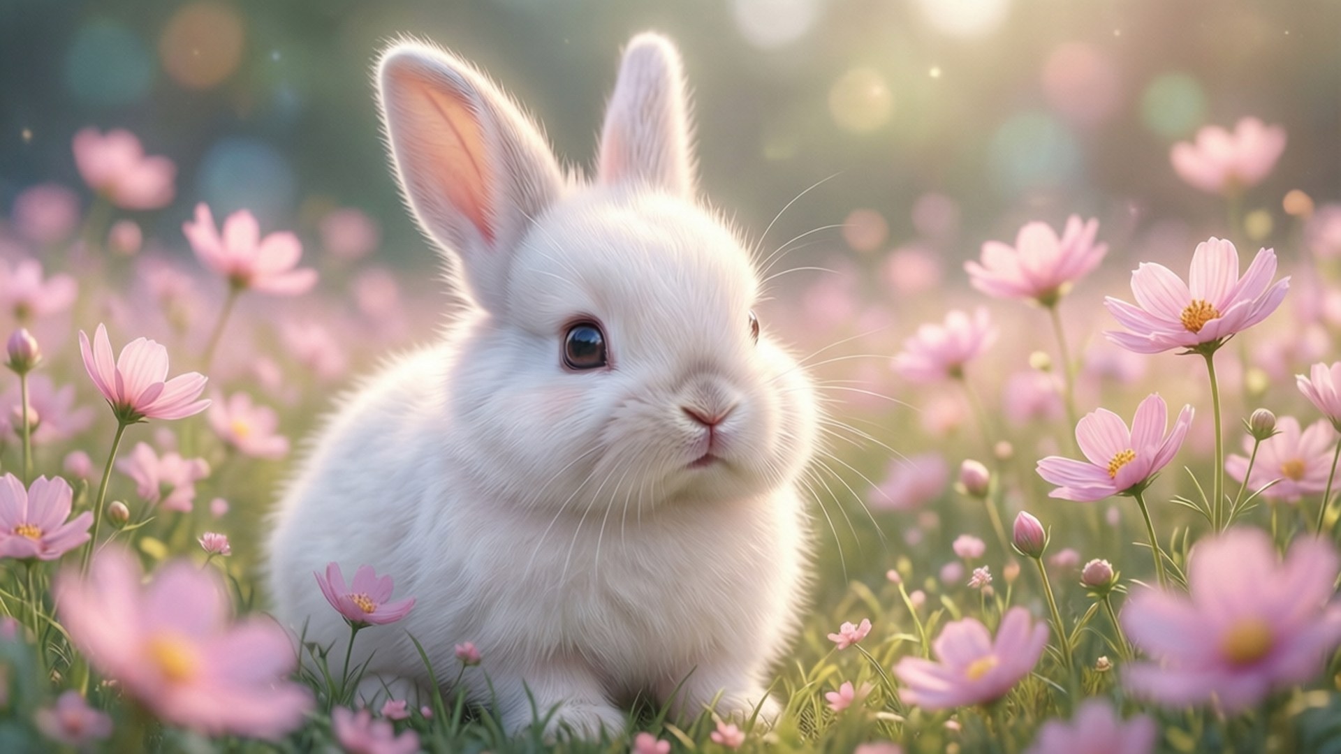 Bunny in Pink Flowers 壁紙 — 一隻毛茸茸的白兔坐在盛開的粉紅色波斯菊中，沐浴在柔和的金色陽光下。