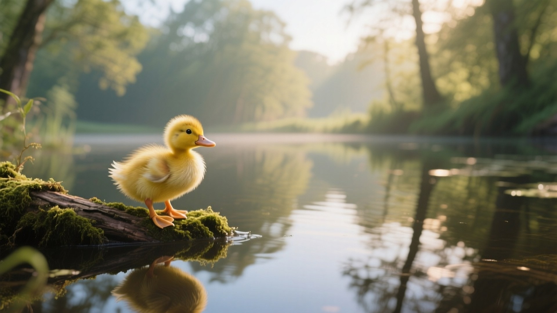 Morning Pond Duckling 壁紙 — 一隻毛茸茸的黃色小鴨站在長滿苔蘚的木頭上，位於寧靜森林池塘邊，池塘反射著金色的晨光。