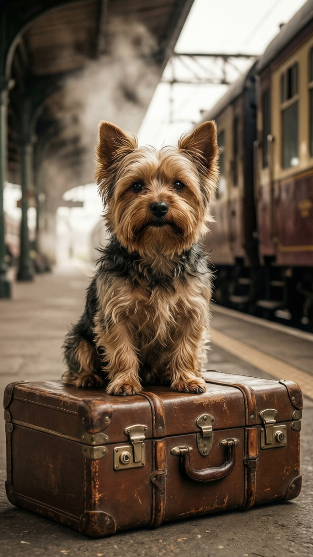 Travel Yorkie Vintage 壁紙 — 一隻毛茸茸的約克夏㹴警覺地坐在復古火車站月台上一個破舊的棕色皮行李箱上。