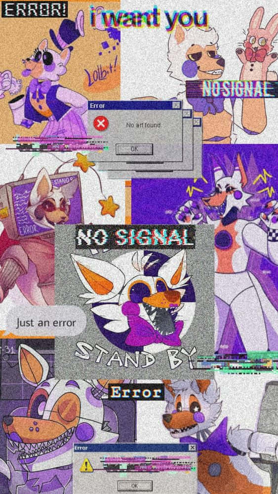 Glitchtrap 桌布 壁紙 — FNAF 機械角色的故障拼貼，帶有錯誤彈出視窗和扭曲文字，以紫色和橙色色調呈現。