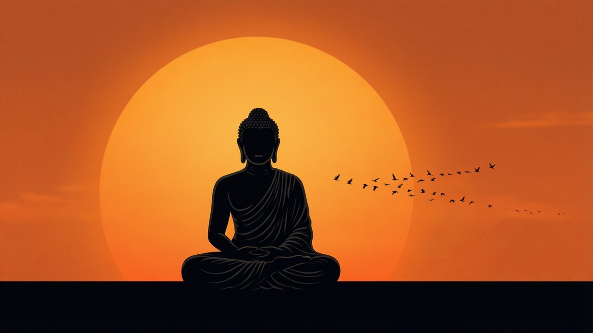 Sunset Buddha Silhouette 壁紙 — 佛像剪影在橙紅色夕陽下冥想，鳥兒以V字形飛翔。