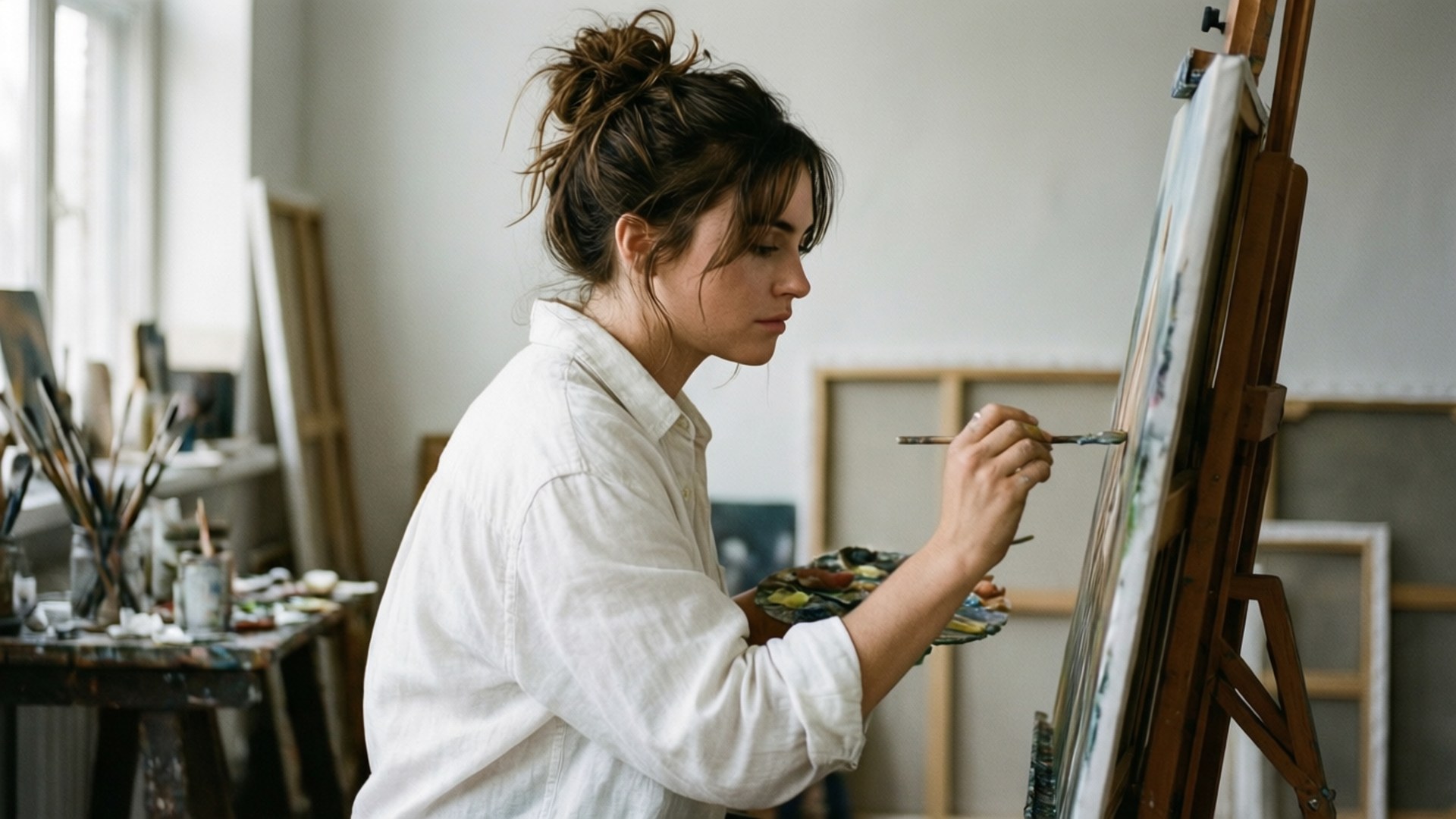 Artist in the Studio 壁紙 — 一位專注的女藝術家穿著白色襯衫，在陽光充足的畫室裡，在畫架上專注地繪畫。