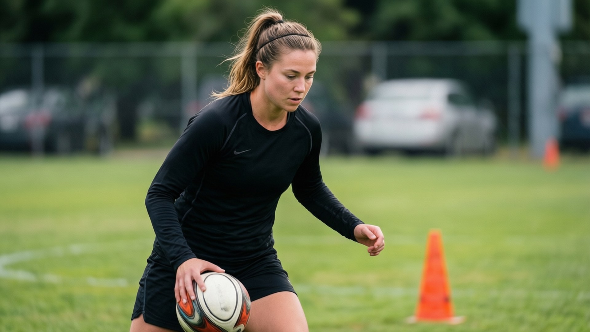 Mallory Swanson 桌布 壁紙 — 一位專注的女欖球運動員身穿黑色裝備，在草地上運球，背景有橙色錐體和模糊的汽車。