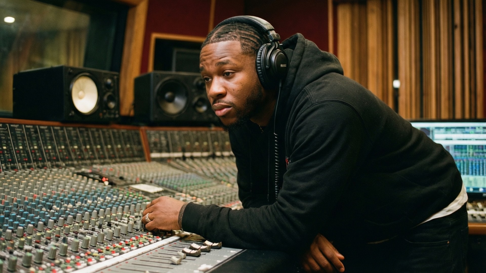 Studio Vision Meek Mill 壁紙 — 一位專注的音樂家戴著耳機，在專業錄音室中俯身於大型音頻混音控制台上。