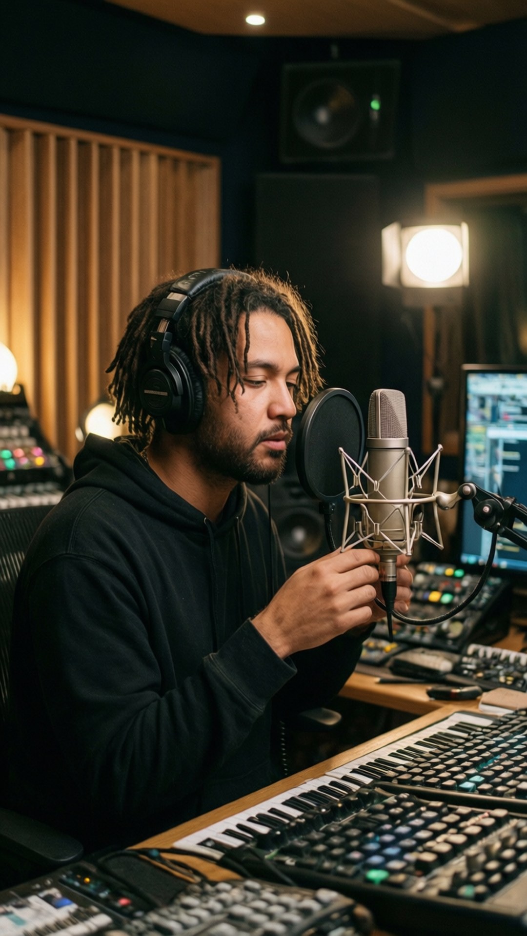 In the Recording Studio 壁紙 — 一位專注的音樂家留著辮子，在昏暗的專業錄音室中調整電容麥克風。