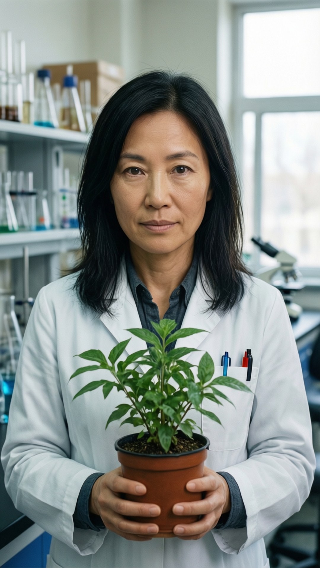 Amy in the Lab 壁紙 — 一位專注的女科學家穿著實驗室外套，站在光線充足的實驗室中，身後有玻璃器皿架，手持一盆綠色植物。