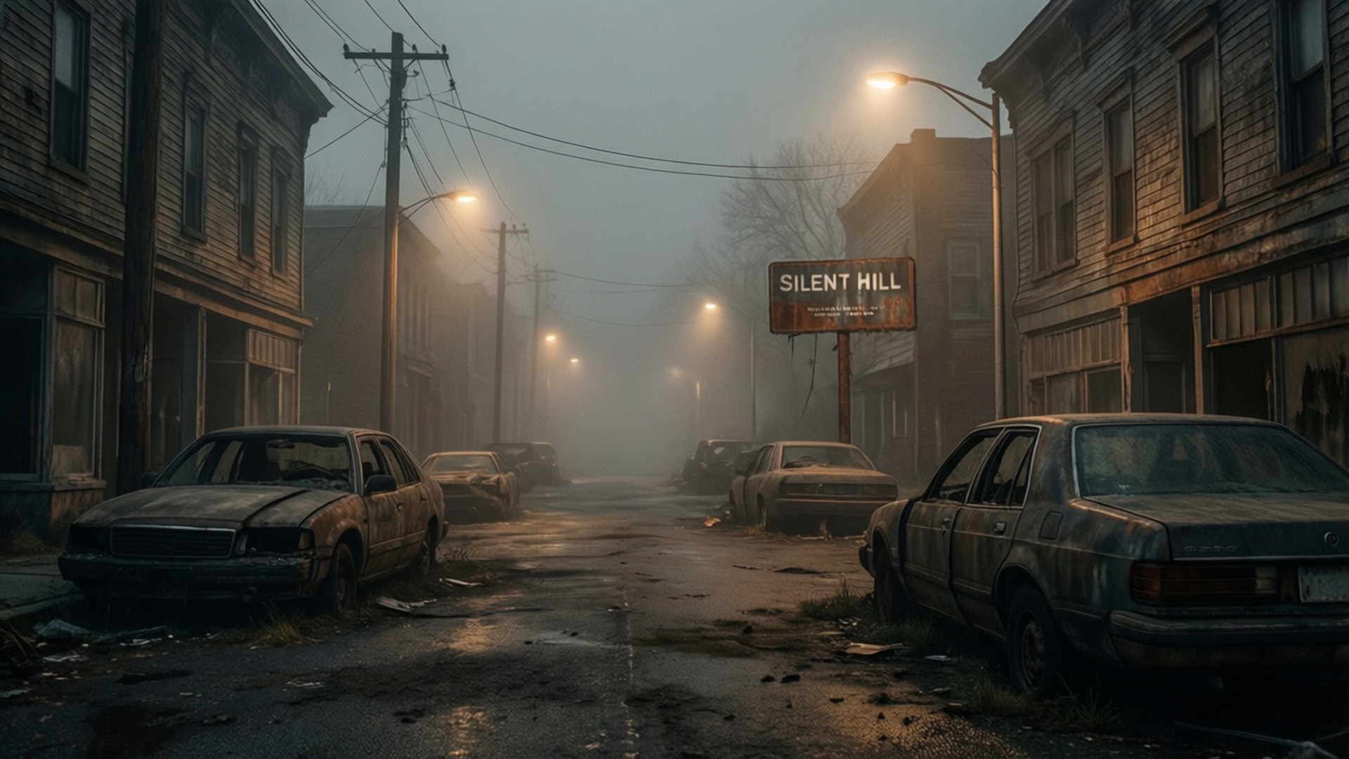 Foggy Silent Hill Street 壁紙 — 一條霧氣瀰漫的廢棄街道，兩旁是破舊建築和生鏽汽車，昏暗街燈下有一個「SILENT HILL」標誌。