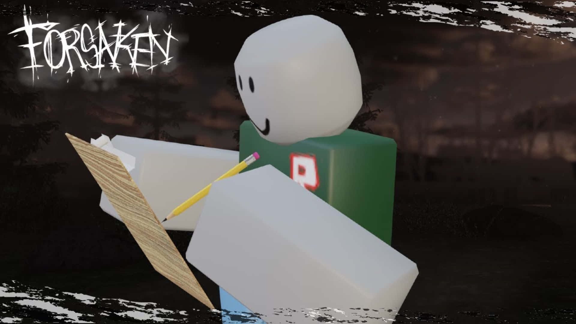方塊狀角色拿著鉛筆和素描本，背景有「FORGOTTEN」塗鴉。 — Roblox 壁紙