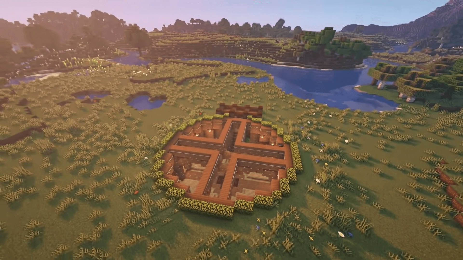 Minecraft村莊，陶土房屋，河邊，日落 — 可愛的 Minecraft 壁紙