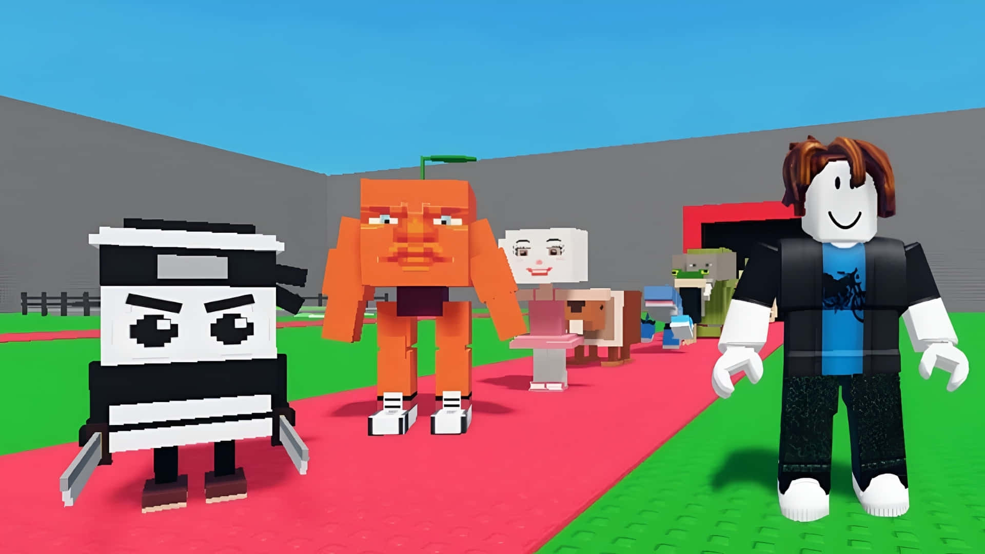 壁紙 — 方塊狀的 Roblox 風格角色站在紅色地毯上，背景是晴朗的藍天，構成簡單的戶外場景。
