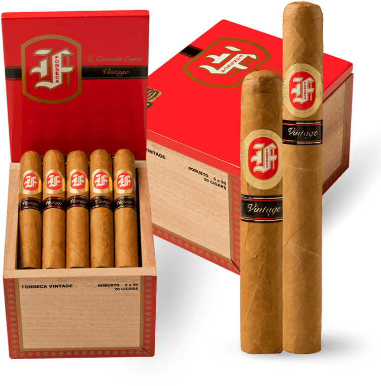 Tobacco 桌布 壁紙 — Fonseca Vintage Robusto 雪茄的豪華展示，放在紅色和木盒中，兩支雪茄直立。