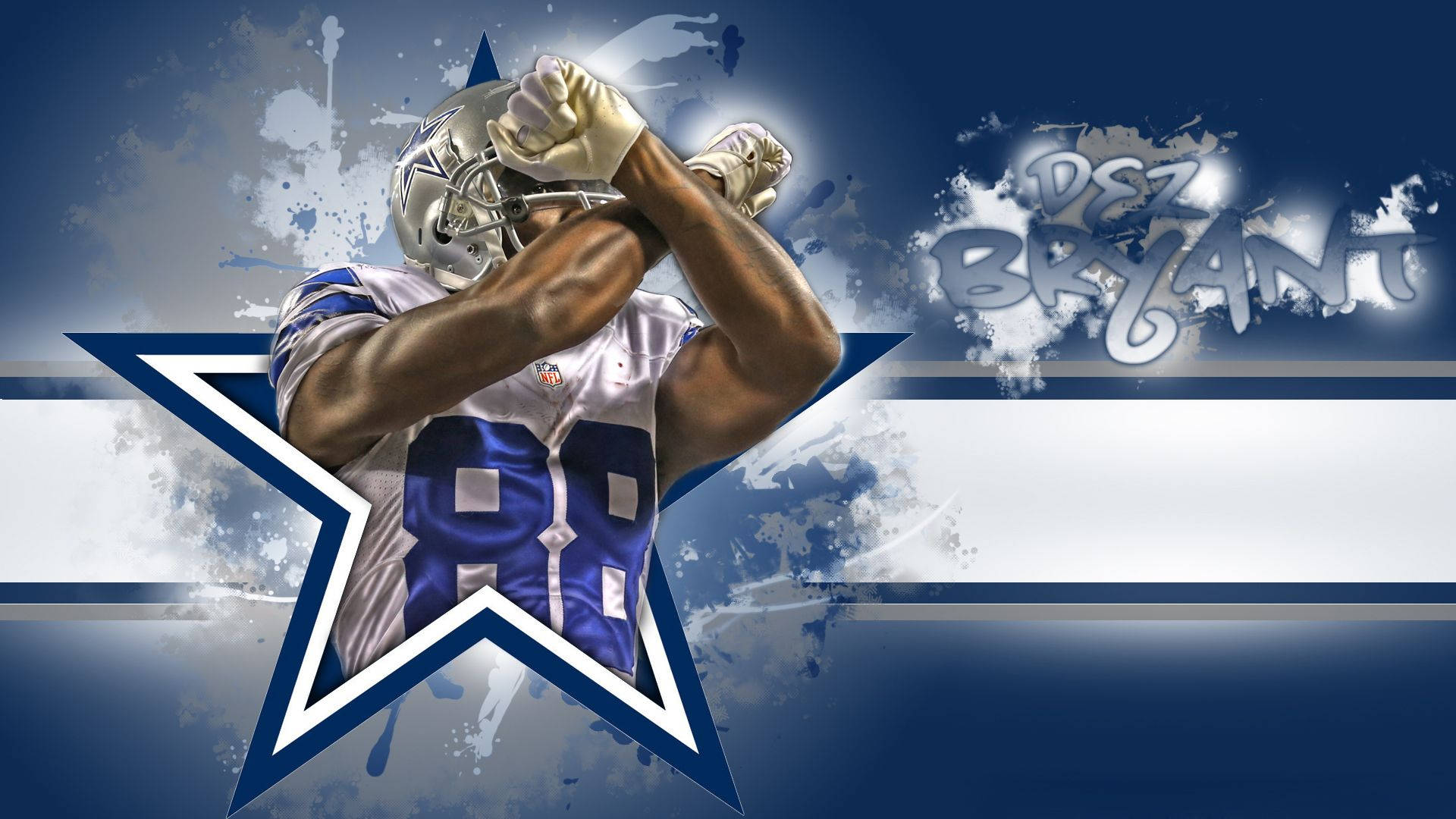 身穿達拉斯牛仔隊球衣的足球運動員 Dez Bryant 高舉雙臂慶祝。 — 達拉斯牛仔 壁紙