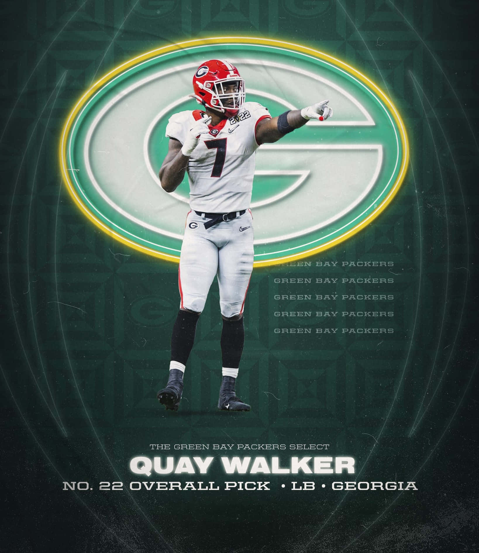  壁紙 — 穿著喬治亞州隊服的足球員Quay Walker自信地站在發光的Green Bay Packers標誌前。