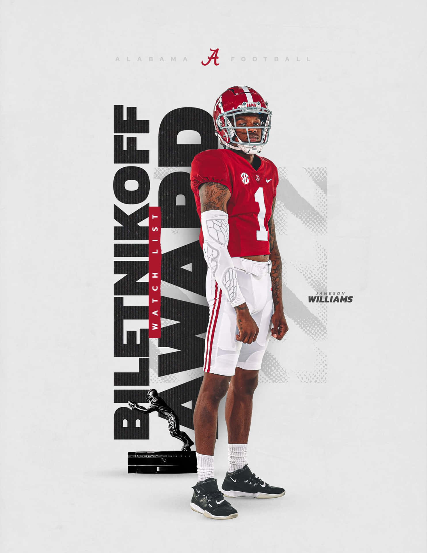  壁紙 — 一名身穿紅白球衣的美式足球員自信地站在比列特尼科夫獎雕像旁，背景為簡約灰色。