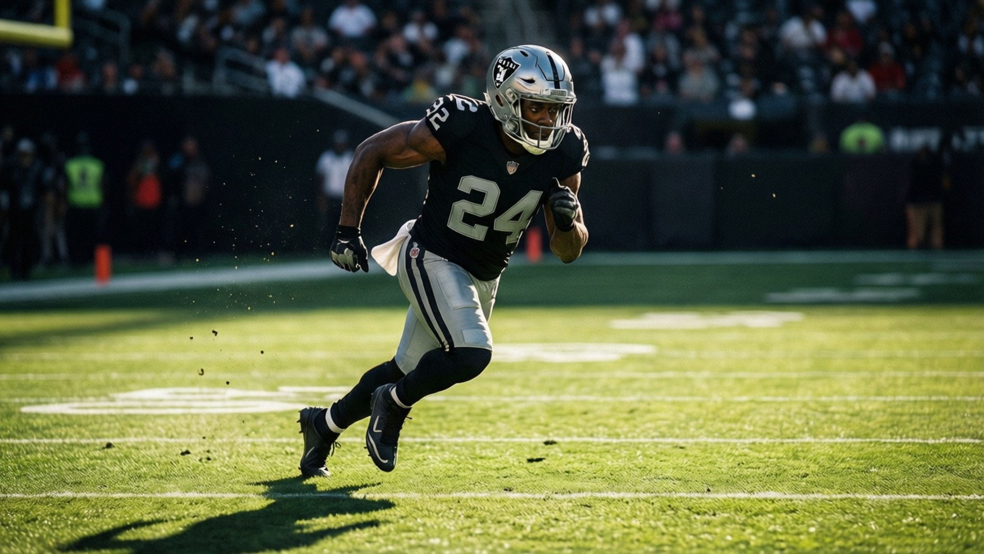 Raiders Sprint to Victory 壁紙 — 一名身穿黑色和銀色球衣的足球運動員在陽光明媚的綠色球場上衝刺，身後草屑飛揚。