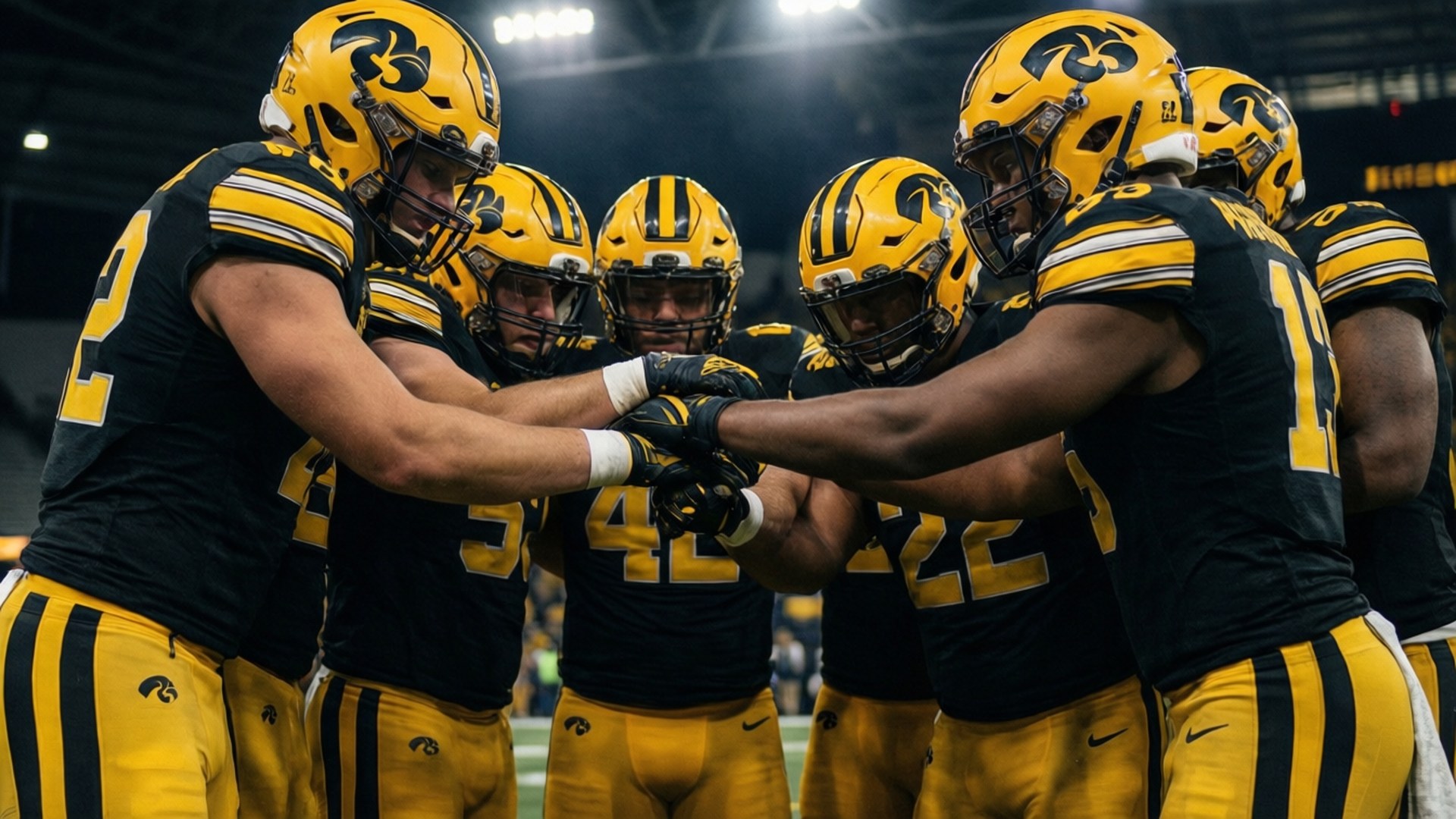Iowa Hawkeyes 桌布 壁紙 — 穿著黃色頭盔和黑色球衣的足球員在明亮的體育場燈光下緊密聚集。