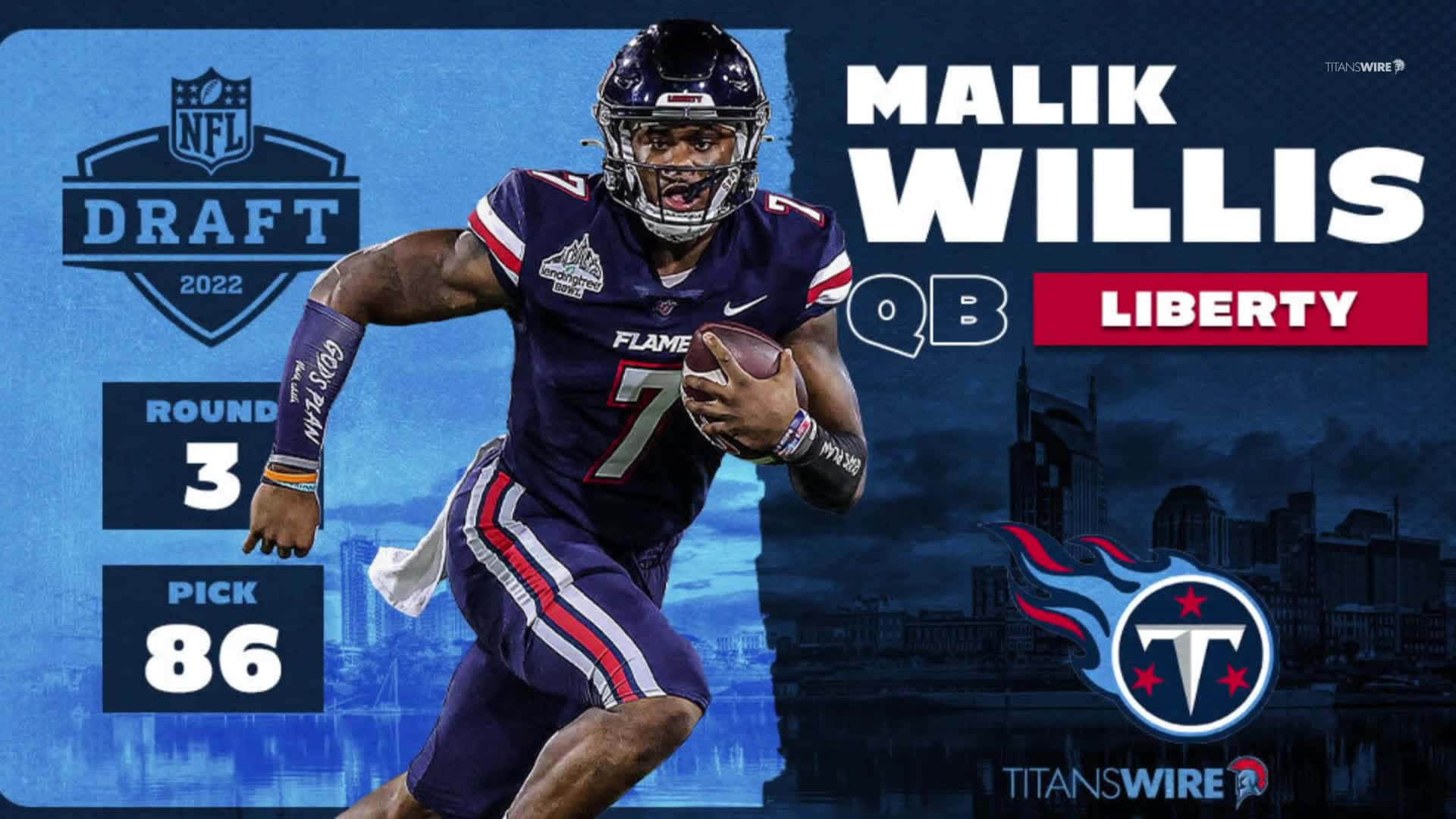  壁紙 — 身穿紫色自由大學球衣的足球四分衛Malik Willis，在城市天際線背景下持球奔跑，並附有NFL選秀資訊。