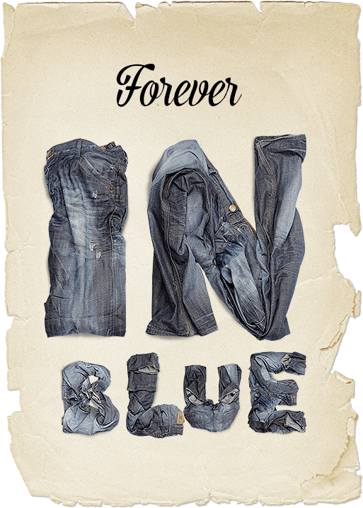 字體排印 桌布 壁紙 — 「Forever IN BLUE」這個詞用皺巴巴的牛仔褲在舊羊皮紙上創意地拼出來。