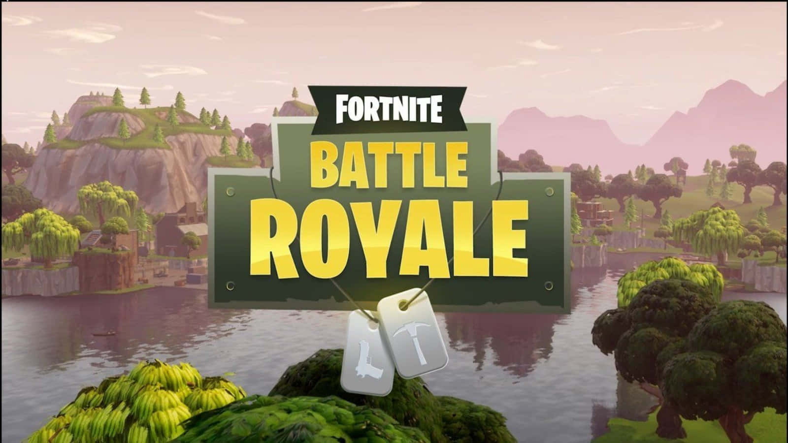 Fortnite Battle Royale 標誌在湖面上，背景有山和樹木，日落時分。 — Fortnite 壁紙