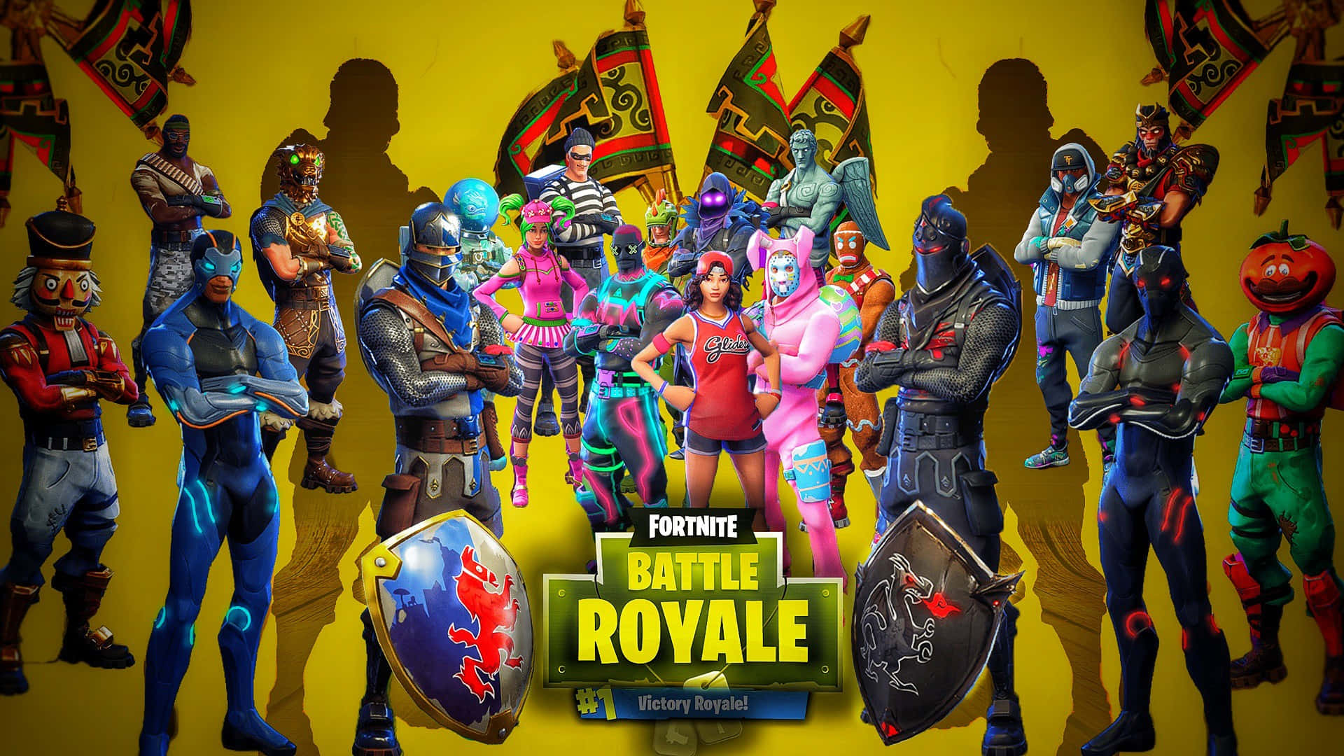 要塞英雄 大逃殺 桌布 壁紙 — Fortnite Battle Royale 角色身穿鮮豔服裝，在金色背景前自信地擺出姿勢，手持旗幟和盾牌。