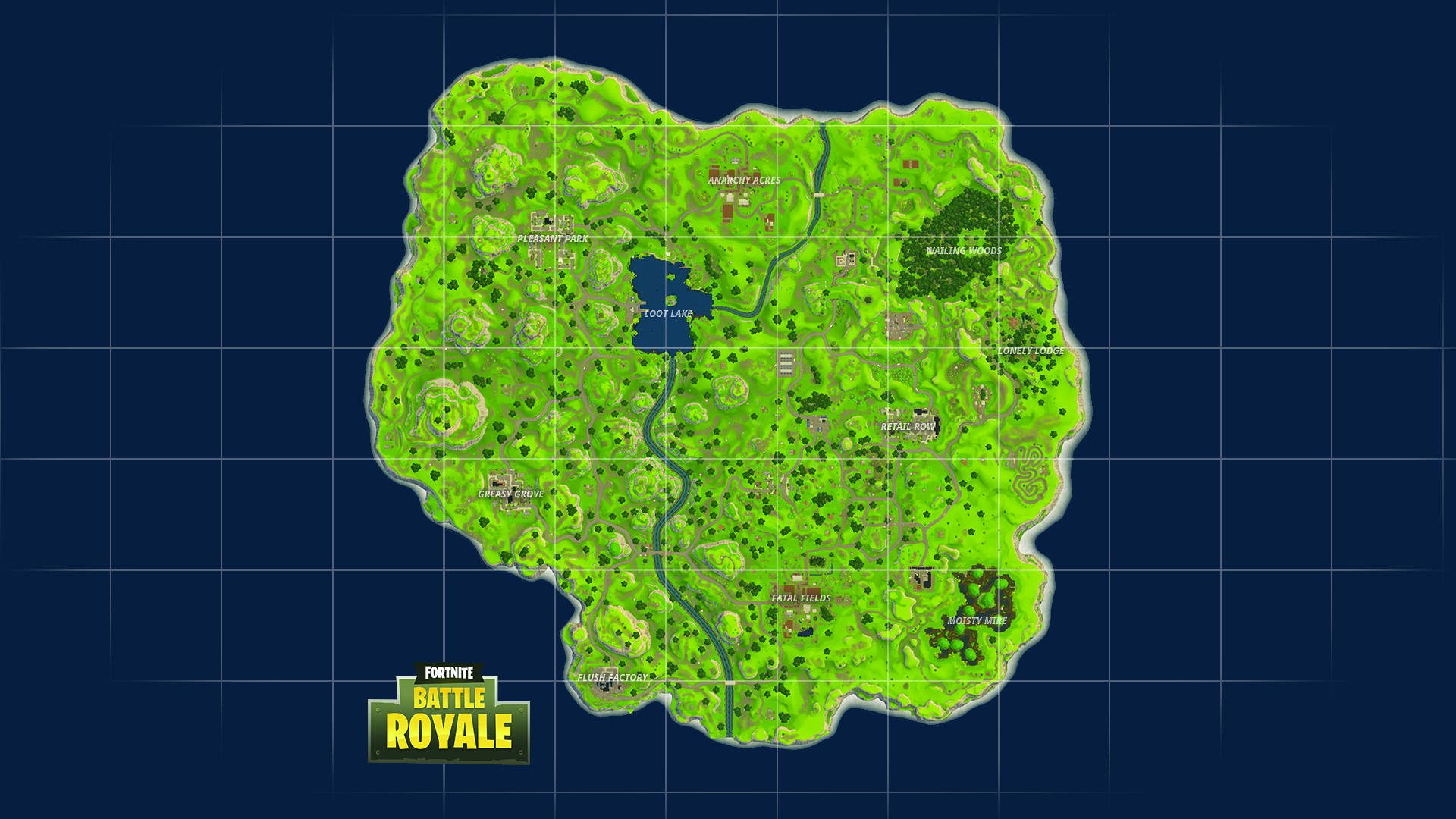 Fortnite Battle Royale 遊戲地圖，在藍色網格上帶有綠色地形和標記區域。 — Fortnite 壁紙