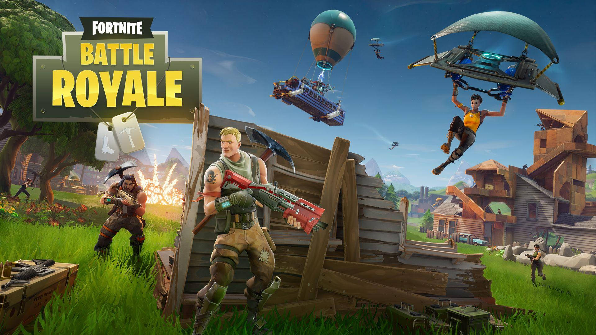 Cool Fortnite 桌布 壁紙 — Fortnite Battle Royale 玩家在充滿活力的草地地形中戰鬥，有飛行載具和木製結構，在清澈的藍天下。
