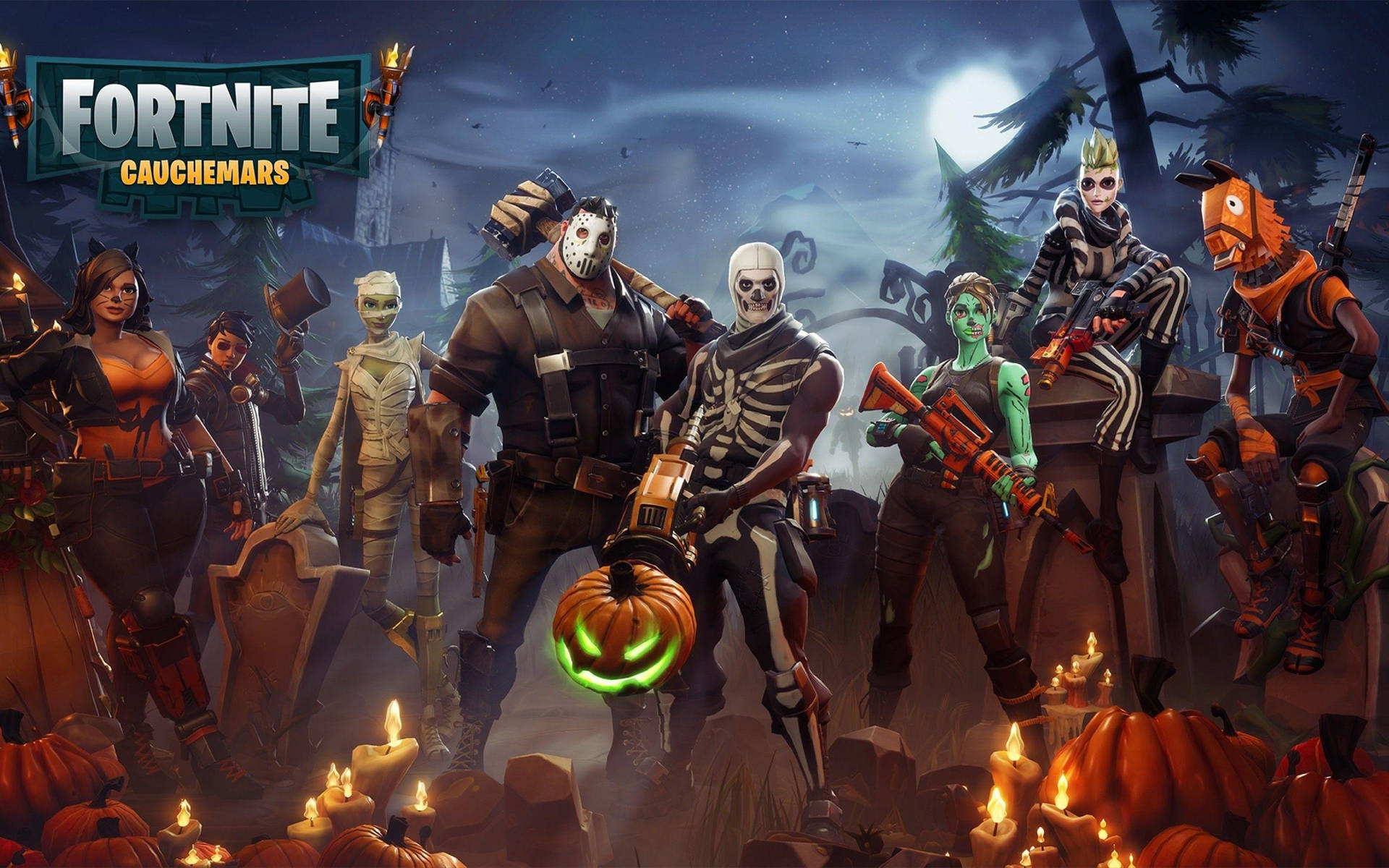 月光下，Fortnite 萬聖節角色與南瓜和蠟燭。 — Fortnite 壁紙