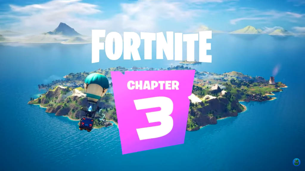 Fortnite Chapter 3 標誌在熱帶島嶼上空，附有熱氣球。 — Fortnite 壁紙