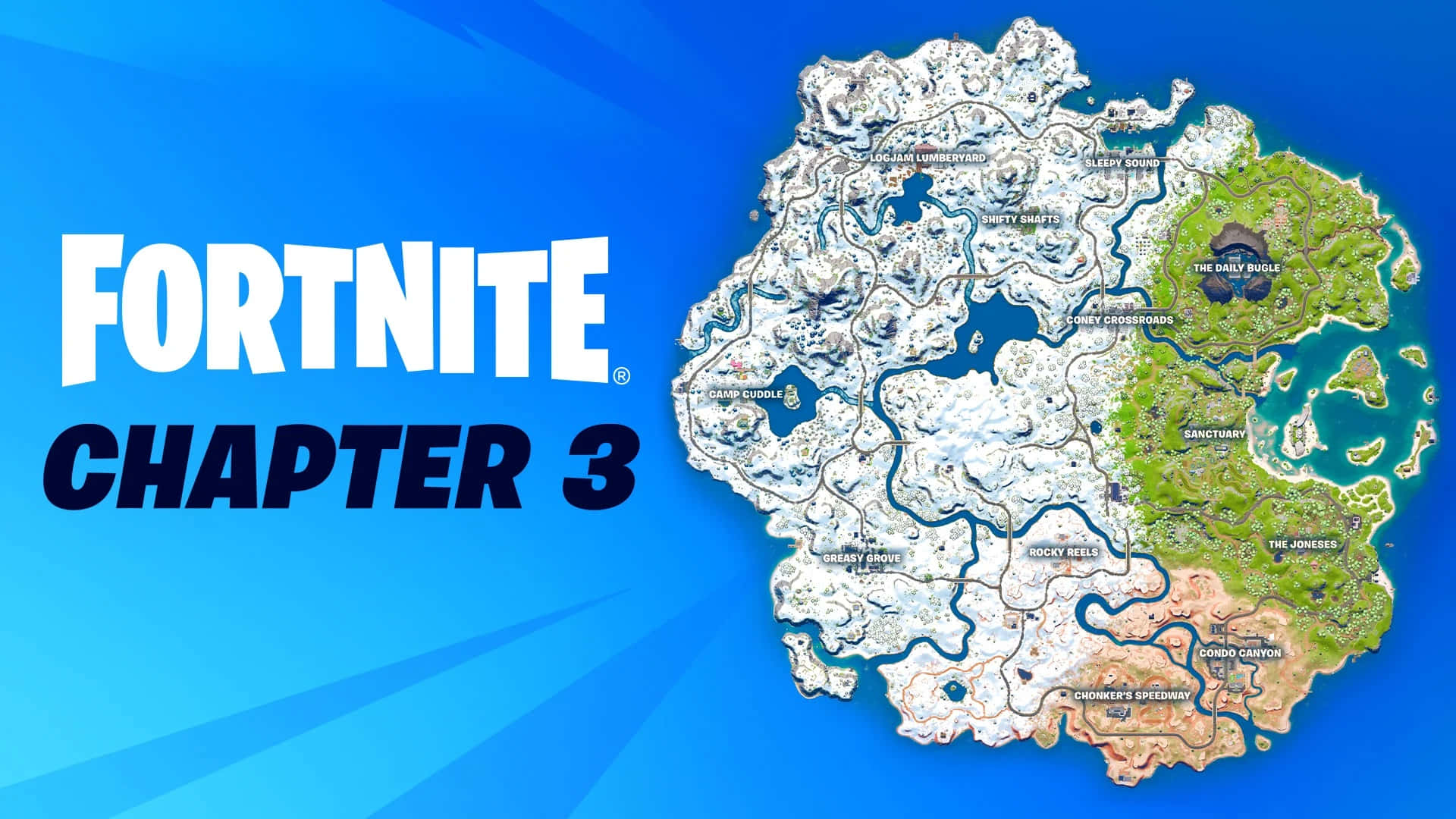 Fortnite Chapter 3 桌布 壁紙 — Fortnite Chapter 3 地圖圖形，藍色漸變背景上顯示雪地和綠色區域。